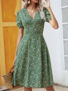 Breezaya Ditsy Floral Button A-line Dress - Green - View 6