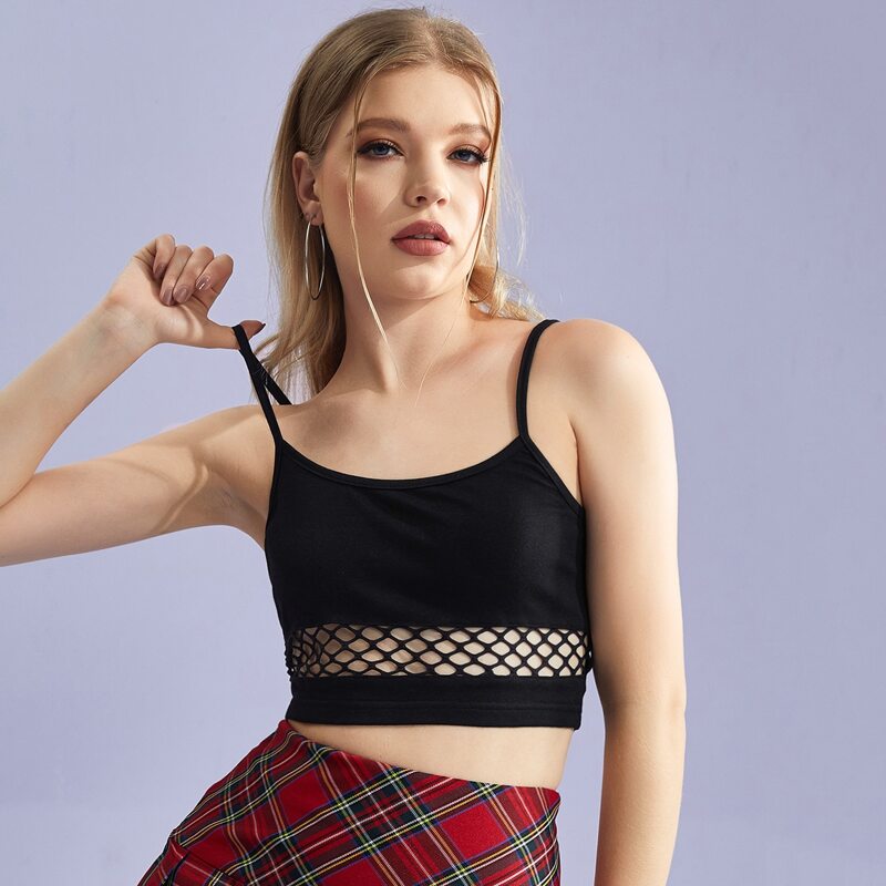 

Contrast Fishnet Crop Cami Top, Black