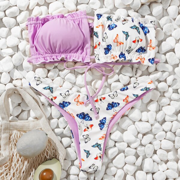 

Butterfly Print Ruched Frill Bandeau Bikini Swimsuit, Multicolor