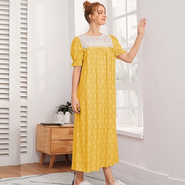 

Contrast Lace Floral Print Dress, Yellow