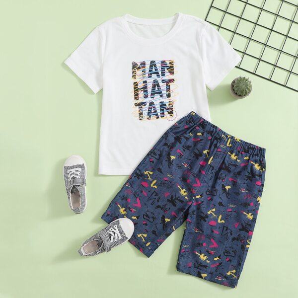 

Boys Letter Graphic Tee & Shorts, Blue and white