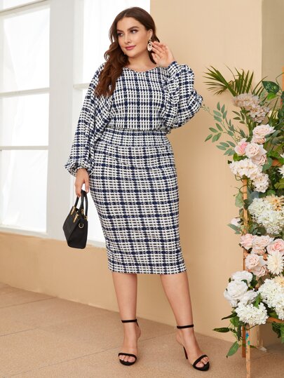 SHEIN Clasi Plus Houndstooth Lantern Sleeve Top & Skirt Set