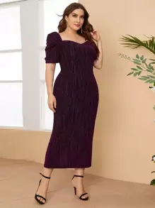 SHEIN Unity Plus Glitter Puff Sleeve Split Hem Dress - Purple - View 1