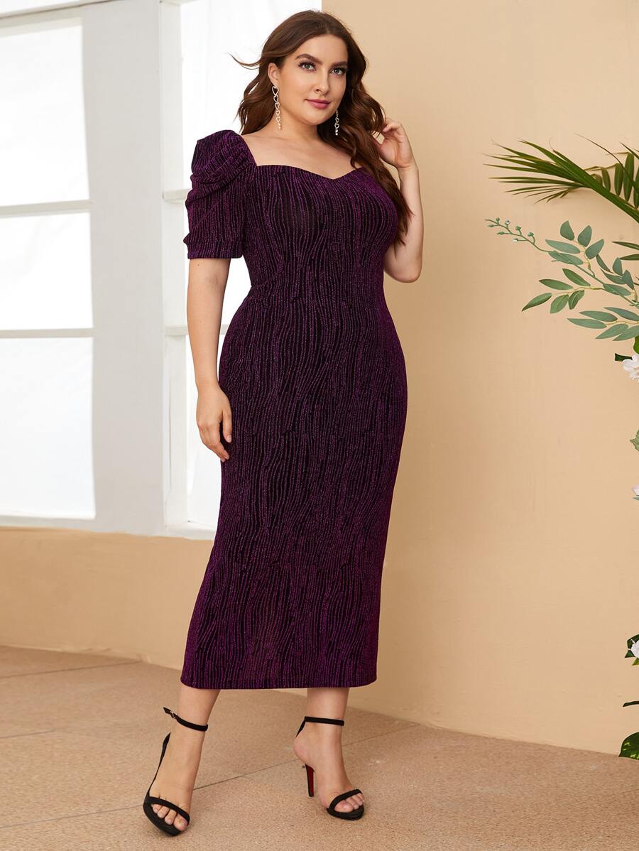SHEIN Unity Plus Glitter Puff Sleeve Split Hem Dress - Purple - View 1