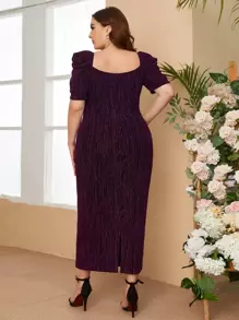 SHEIN Unity Plus Glitter Puff Sleeve Split Hem Dress - Purple - View 2