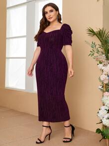 SHEIN Unity Plus Glitter Puff Sleeve Split Hem Dress - Purple - View 4