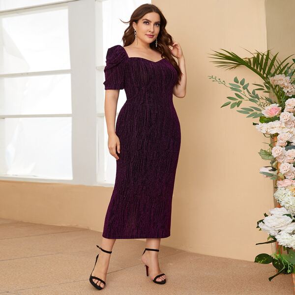 

Plus Glitter Puff Sleeve Split Hem Dress, Purple
