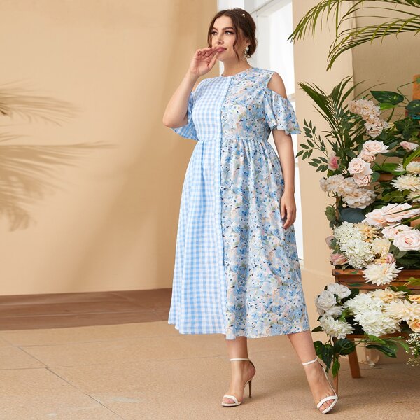 

Plus Cold Shoulder Gingham & Floral Print Spliced Dress, Blue and white
