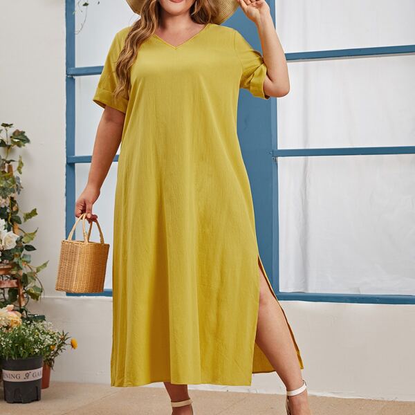 

Plus Rolled Cuff Slit Side Dress, Mustard yellow