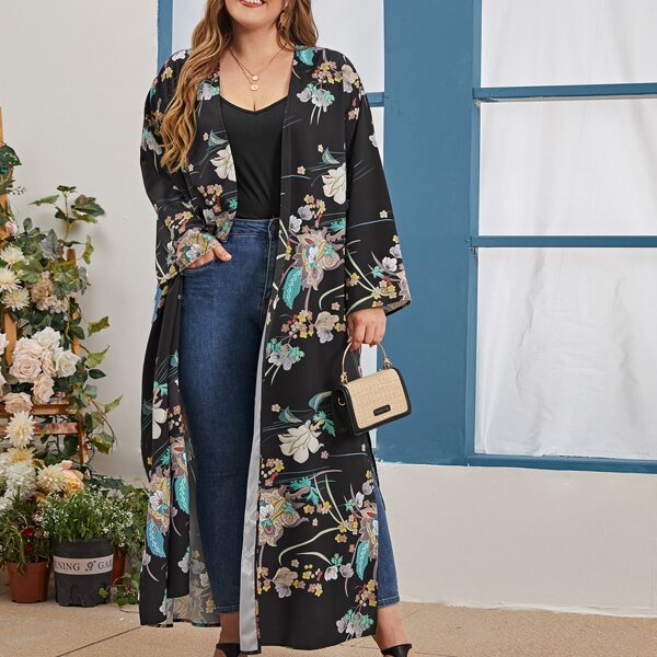 

Plus Slit Hem Floral Print Abaya, Multicolor