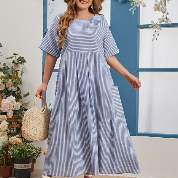 

Plus Drop Shoulder Patch Pocket Striped Dress, Blue and white
