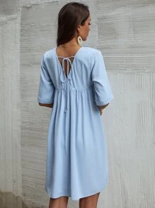 Tie Back Roll Up Sleeve Smock Dress - Baby Blue - View 2
