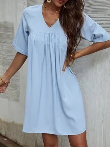 Tie Back Roll Up Sleeve Smock Dress - Baby Blue - View 3