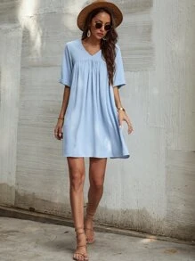 Tie Back Roll Up Sleeve Smock Dress - Baby Blue - View 4