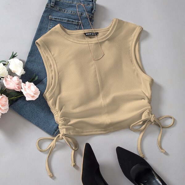 

Rib Knit Drawstring Side Tank Top, Khaki