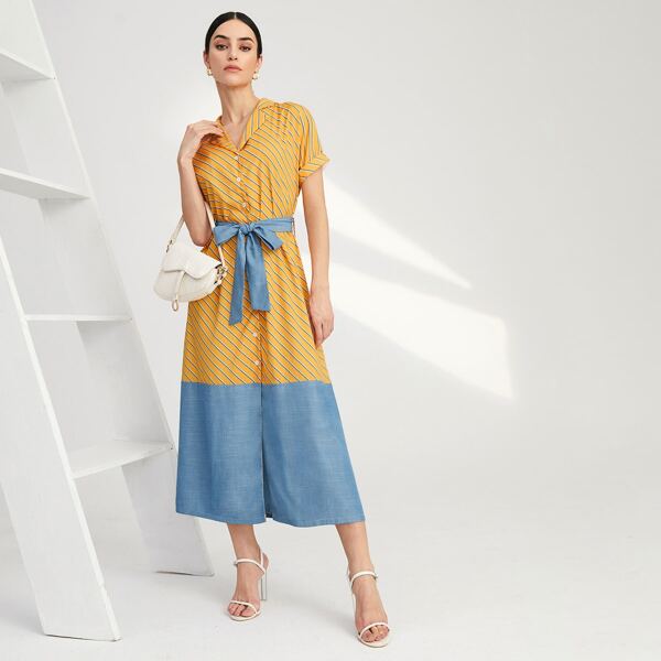 

Colorblock Striped Print Button Front Belted Shirt Dress, Mustard yellow