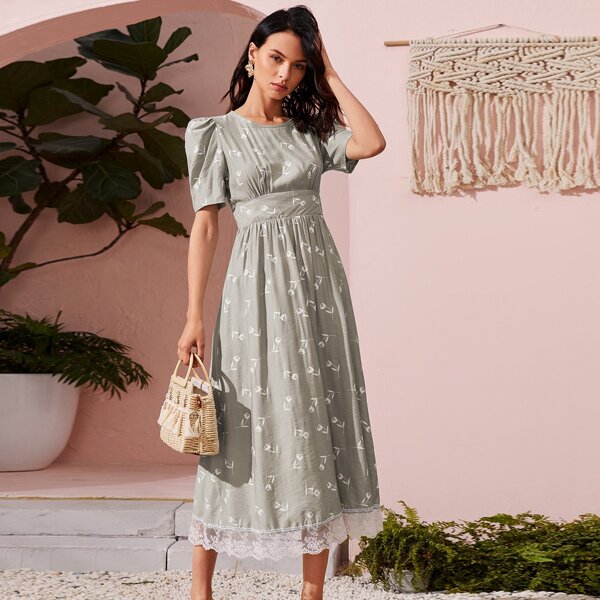 

Floral Print Puff Sleeve Contrast Lace A-line Dress, Light grey