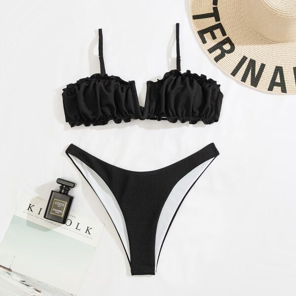 

V Wired Frill Trim Bikini Swimsuit, Black