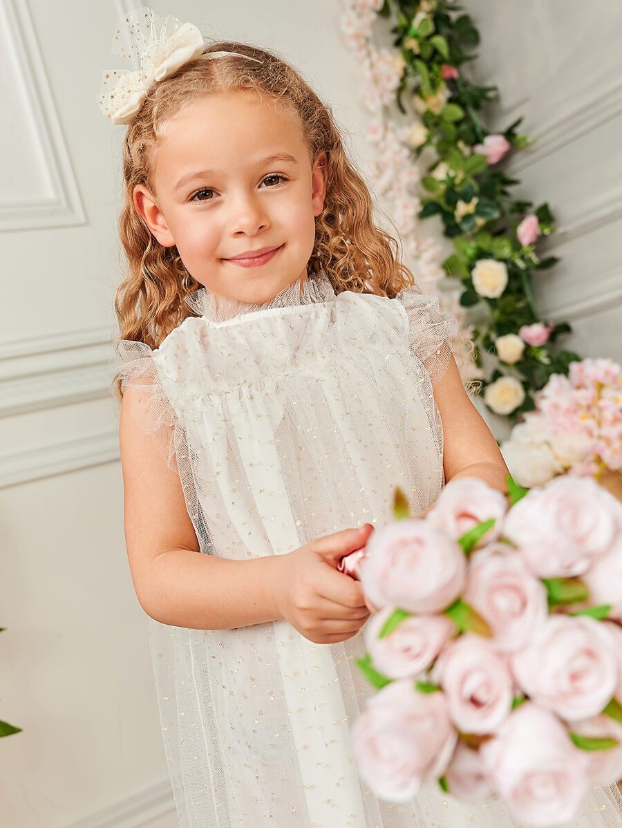 SHEIN Mesh Overlay Flower Girl Dress - White - View 1
