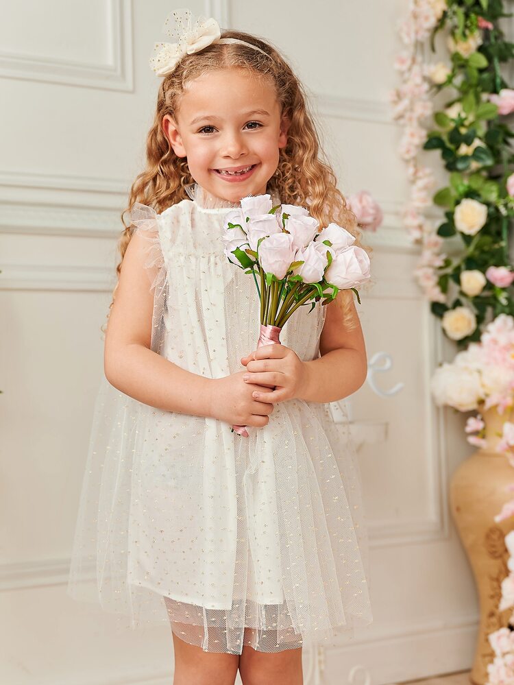 SHEIN Mesh Overlay Flower Girl Dress - White - View 3