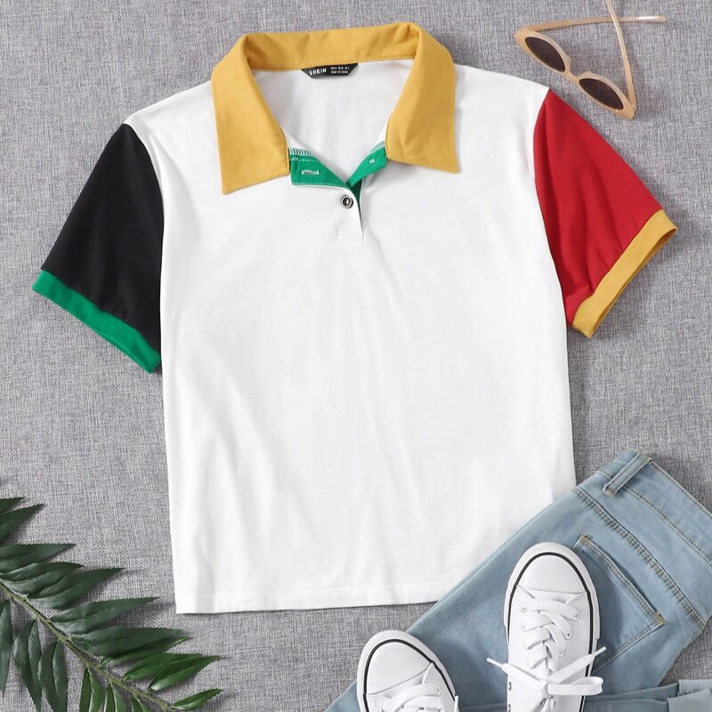 

Contrast Collar Color-block Tee, White