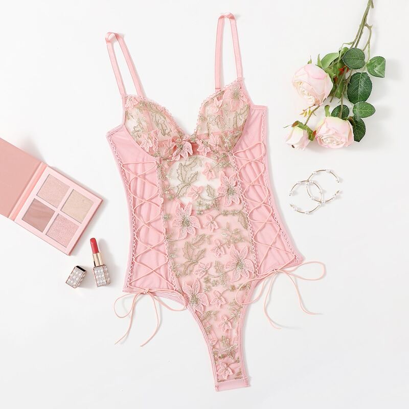 

Embroidered Mesh Lace Up Teddy Bodysuit, Pink