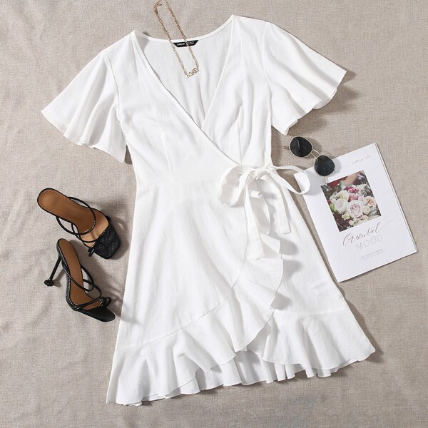 

Butterfly Sleeve Ruffle Hem Wrap Belted Dress, White