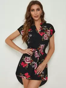SHEIN Clasi Notch Neck High Low Hem Belted Floral Dress - Multicolor - View 1