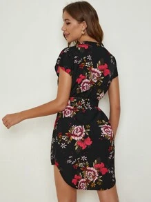 SHEIN Clasi Notch Neck High Low Hem Belted Floral Dress - Multicolor - View 2