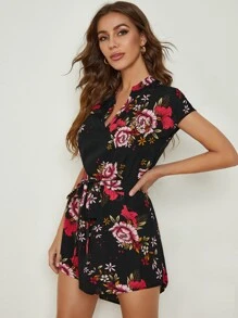 SHEIN Clasi Notch Neck High Low Hem Belted Floral Dress - Multicolor - View 3