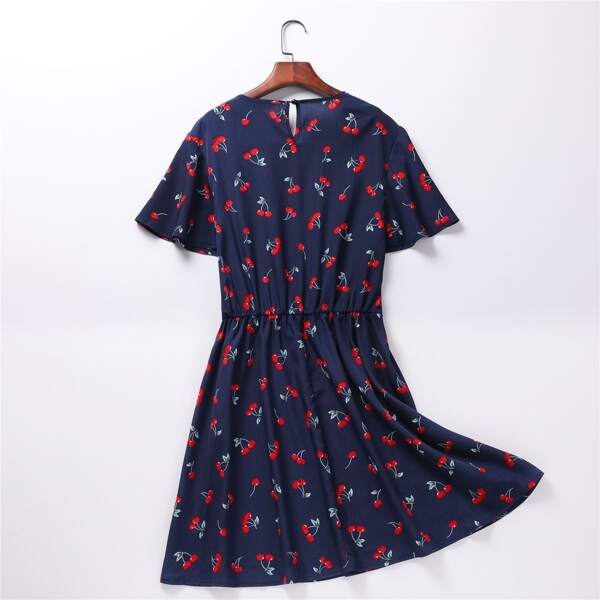 

Plus Cherry Print Butterfly Sleeve Dress, Navy blue