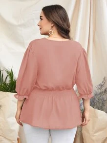 Mulvari Plus Surplice Front Shirred Peplum Blouse - Dusty Pink - View 2
