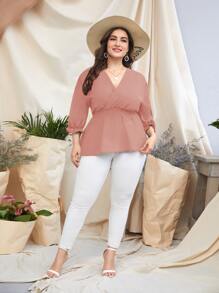 Mulvari Plus Surplice Front Shirred Peplum Blouse - Dusty Pink - View 4