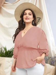 Mulvari Plus Surplice Front Shirred Peplum Blouse - Dusty Pink - View 5