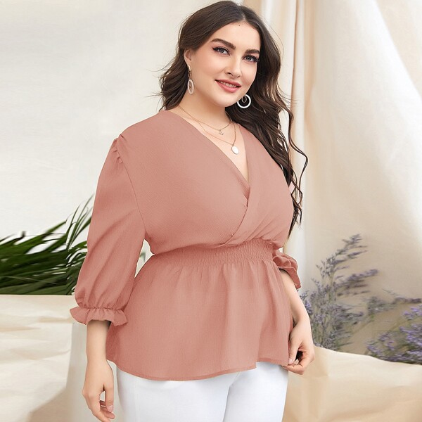 

Plus Surplice Front Shirred Peplum Blouse, Dusty pink