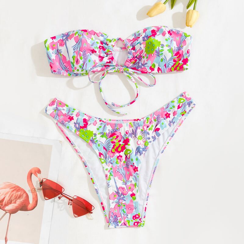 

Floral Pattern Tie Front Bandeau Bikini Swimsuit, Multicolor