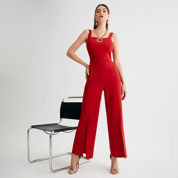 

Split Hem Wide Leg Jumpsuit, Red