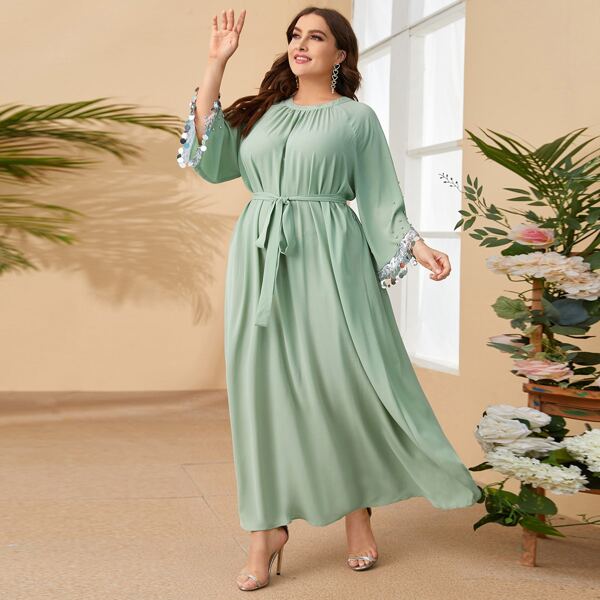 

Plus Sequin Cuff Rhinestone Sleeve Self Belted Dress, Mint green