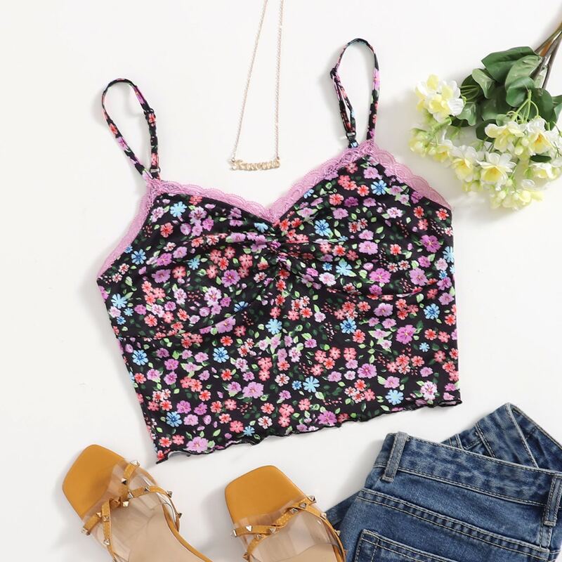 

Lace Trim Ruched Bust Ditsy Floral Cami Top, Multicolor