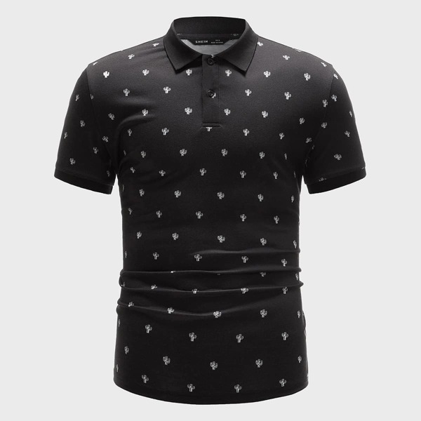 

Men Cactus Print Polo Shirt, Black