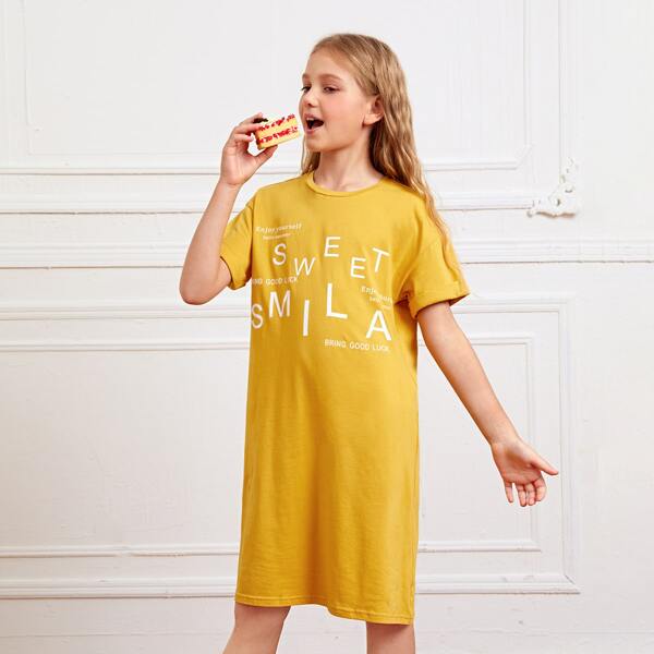 

Girls Letter Graphic Tee Dress, Yellow