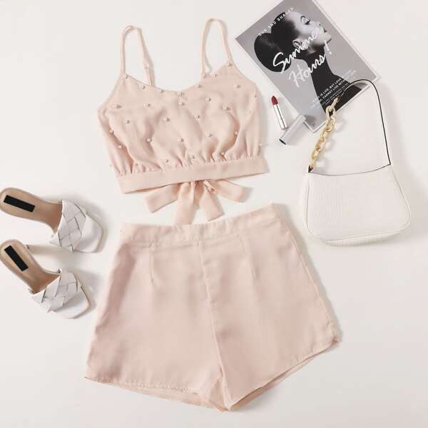 

Pearls Tie Back Cami Top And Shorts, Baby pink
