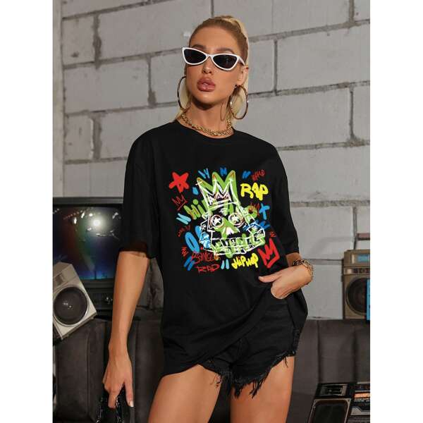 

Graphic Print Drop Shoulder Oversized Tee, Black