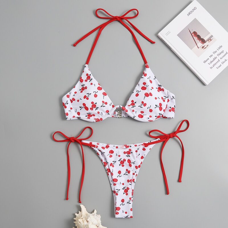 

Cherry Print Underwire Bikini Swimsuit, Red and white