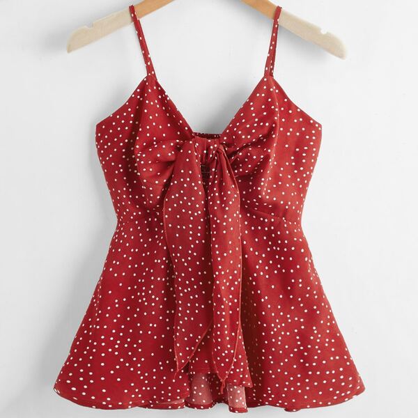 

Polka Dot Tie Front Shirred Cami Top, Red
