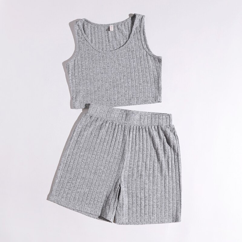 

Solid Ribbed Tank Top & Shorts, Grey