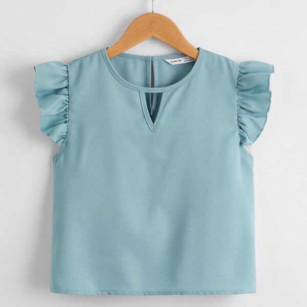 

Girls Keyhole Neckline Ruffle Sleeve Top, Blue