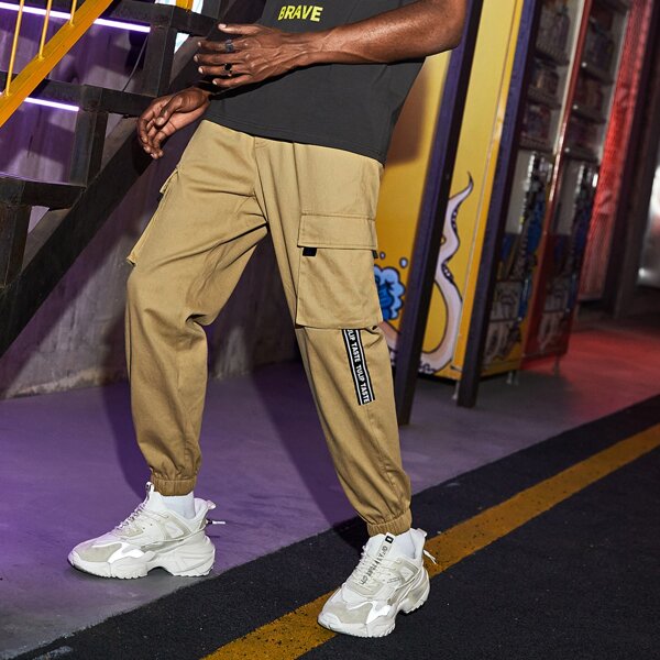 

Men Tape Detail Drawstring Waist Cargo Pants, Khaki
