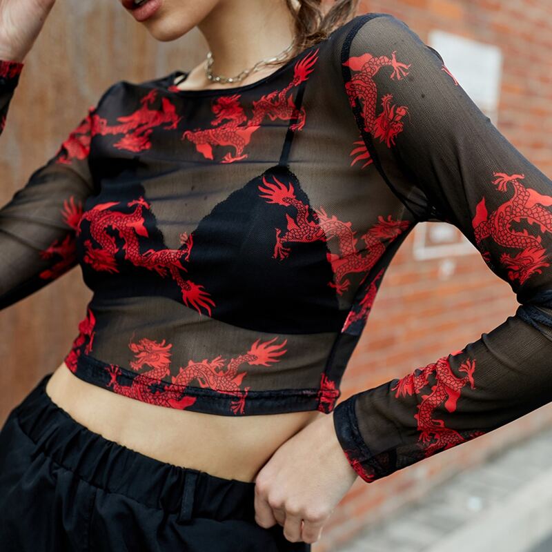 

Chinese Dragon Graphic Sheer Mesh Crop Top, Black