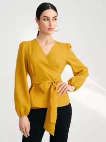 Mulvari Solid Surplice Front Belted Blouse - Mustard Yellow - View 1
